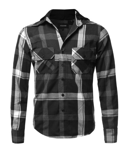 Men's Flannel Woven Long Sleeves Detachable Hood Button Down Shirt