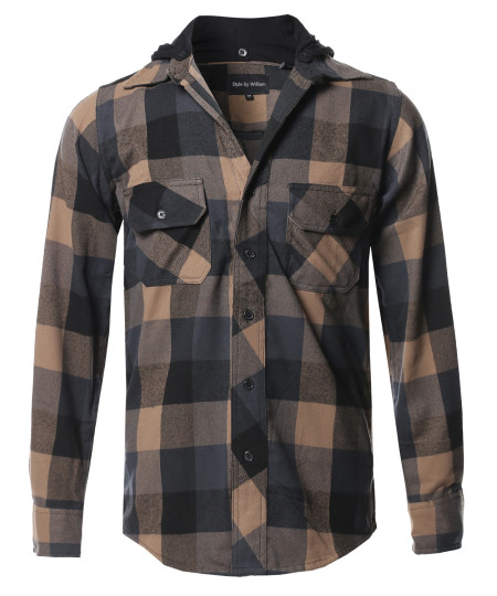 Men's Flannel Woven Long Sleeves Detachable Hood Button Down Shirt