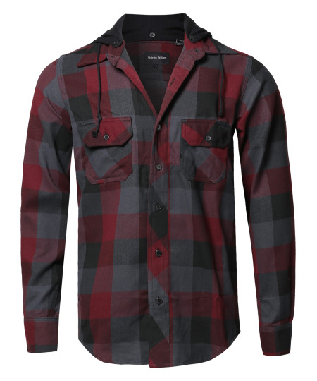 Men's Flannel Woven Long Sleeves Detachable Hood Button Down Shirt