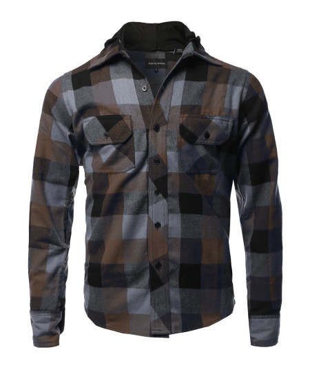 Men's Flannel Woven Long Sleeves Detachable Hood Button Down Shirt