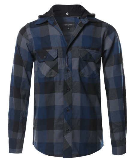 Men's Flannel Woven Long Sleeves Detachable Hood Button Down Shirt