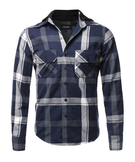 Men's Flannel Woven Long Sleeves Detachable Hood Button Down Shirt