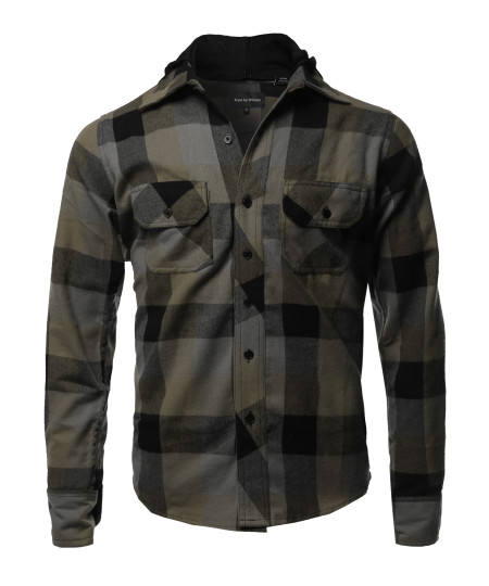 Men's Flannel Woven Long Sleeves Detachable Hood Button Down Shirt