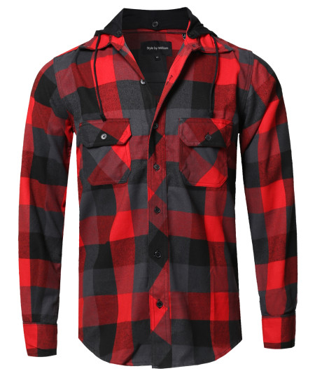 Men's Flannel Woven Long Sleeves Detachable Hood Button Down Shirt