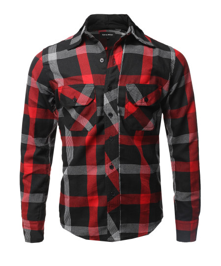 Men's Flannel Woven Long Sleeves Detachable Hood Button Down Shirt