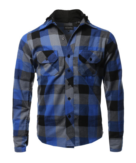 Men's Flannel Woven Long Sleeves Detachable Hood Button Down Shirt