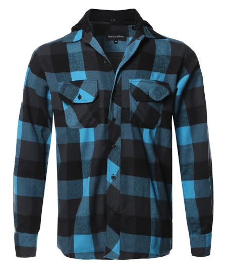 Men's Flannel Woven Long Sleeves Detachable Hood Button Down Shirt