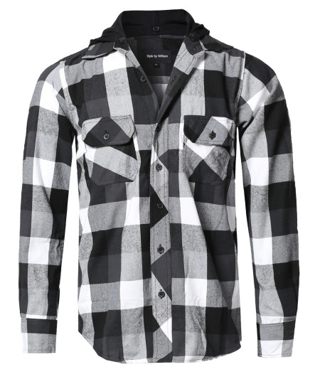 Men's Flannel Woven Long Sleeves Detachable Hood Button Down Shirt