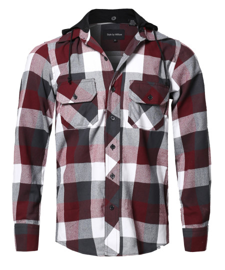 Men's Flannel Woven Long Sleeves Detachable Hood Button Down Shirt