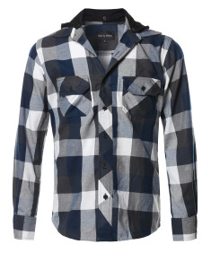 Men's Flannel Woven Long Sleeves Detachable Hood Button Down Shirt