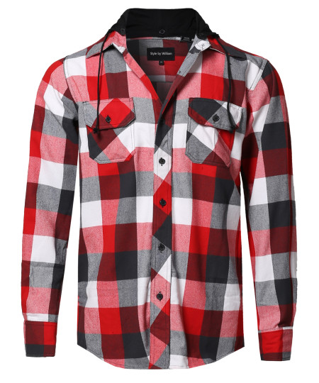 Men's Flannel Woven Long Sleeves Detachable Hood Button Down Shirt