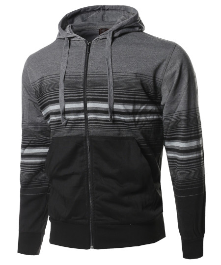 Men's Basic Stripe Zip Up Kangaroo Pocket Hoodie Jacket