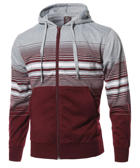 Men's Basic Stripe Zip Up Kangaroo Pocket Hoodie Jacket