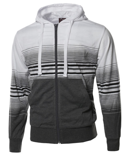 Men's Basic Stripe Zip Up Kangaroo Pocket Hoodie Jacket