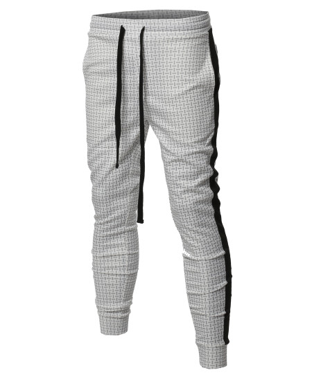 Men's Casual Side Panel Print Drawstring Two Back Pockets Track Pants