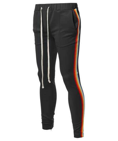 Men's Casual Side Rainbow Panel Taped Ankle Zipper Track Pants