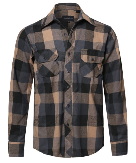 Men's Casual Plaid Flannel Woven Long Sleeve Button Down Shirt