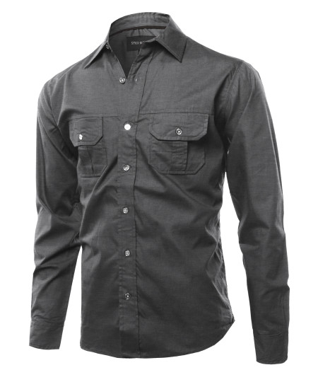 Men's Solid Casual Chest Pocket Long Sleeve Button Down Shirts
