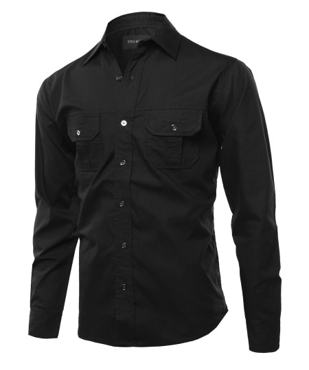 Men's Solid Casual Chest Pocket Long Sleeve Button Down Shirts