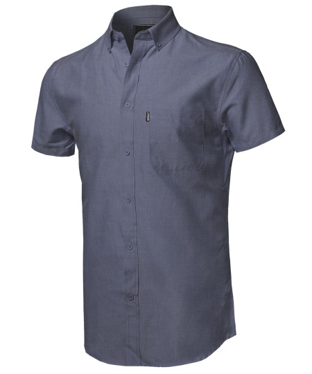 Men's Casual Basic Button-Collar Chambray Short Sleeve Shirt