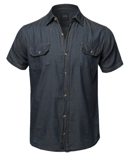 Men's Casual Solid Lightweight Short Sleeves Denim Shirt