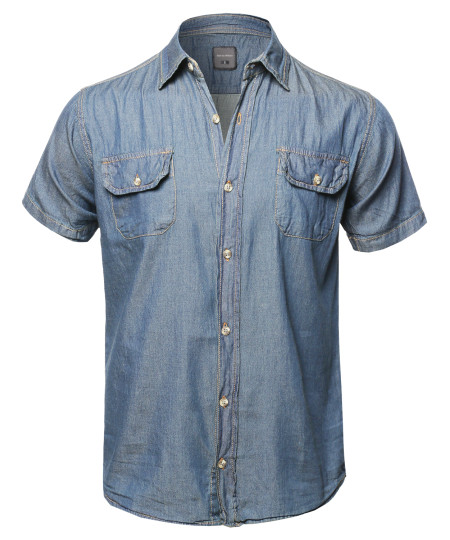 Men's Casual Solid Lightweight Short Sleeves Denim Shirt