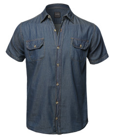 Men's Casual Solid Lightweight Short Sleeves Denim Shirt