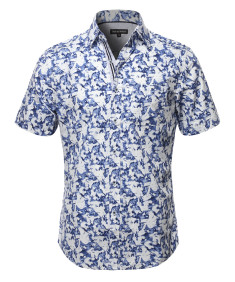 Men's Casual Cotton Floral Pattern Contrast Front Hem Short Sleeve Shirt