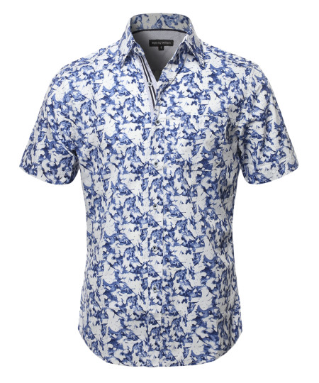 Men's Casual Cotton Floral Pattern Contrast Front Hem Short Sleeve Shirt
