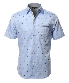 Men's Casual Cotton Floral Pattern Embroidery On Front Pocket Short Sleeve Shirt