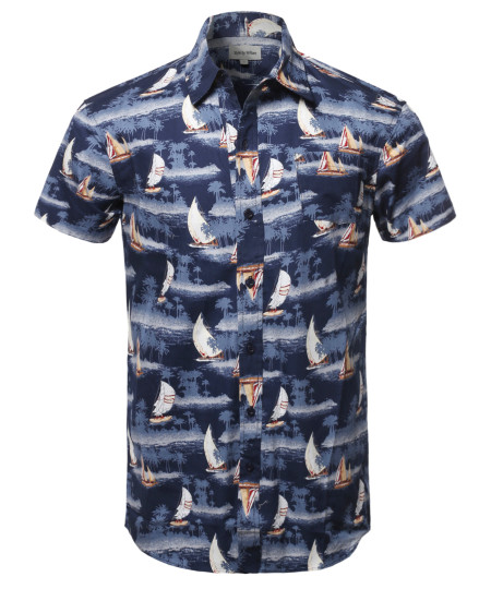 Men's Casual Cotton Patterned Button Down Chest Pocket Short Sleeve Shirt