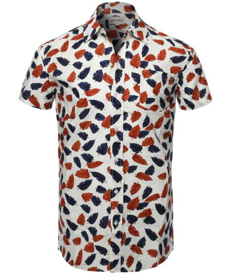 Men's Casual Cotton Patterned Button Down Chest Pocket Short Sleeve Shirt