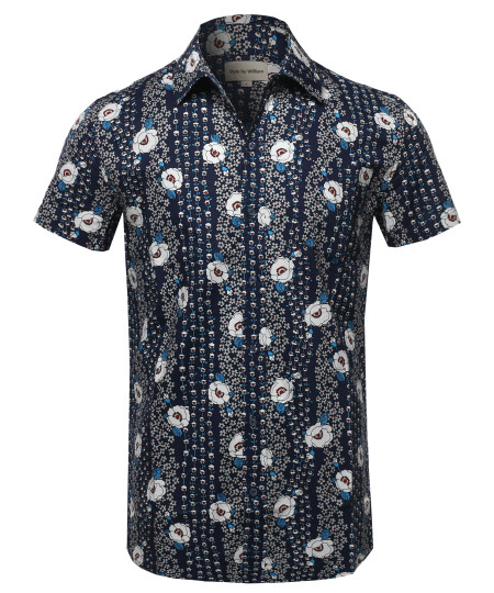 Men's Casual Cotton Patterned Button Down Chest Pocket Short Sleeve Shirt