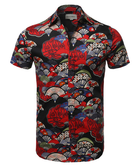 Men's Casual Cotton Patterned Button Down Chest Pocket Short Sleeve Shirt