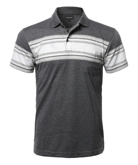 Men's Casual Everyday Basic Striped Single Chest Pocket Short Sleeves Polo T-Shirt