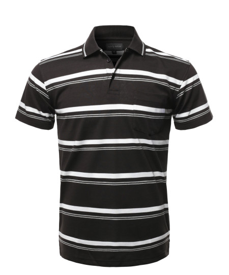 Men's Casual Summer Basic Striped Chest Pocket Short Sleeve Polo T-Shirt