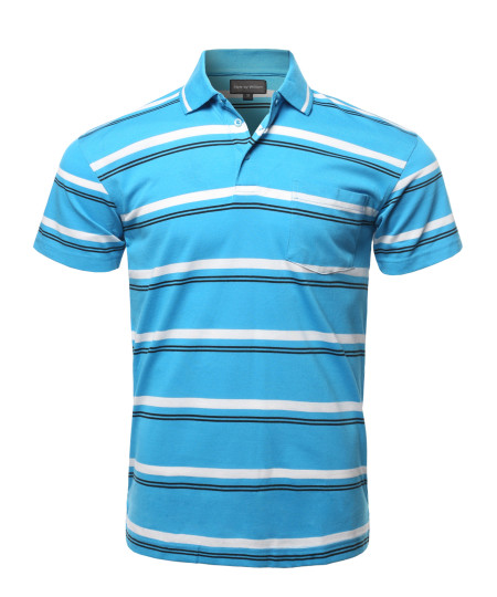 Men's Casual Summer Basic Striped Chest Pocket Short Sleeve Polo T-Shirt