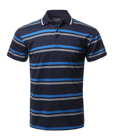 Men's Casual Summer Basic Striped Chest Pocket Short Sleeve Polo T-Shirt