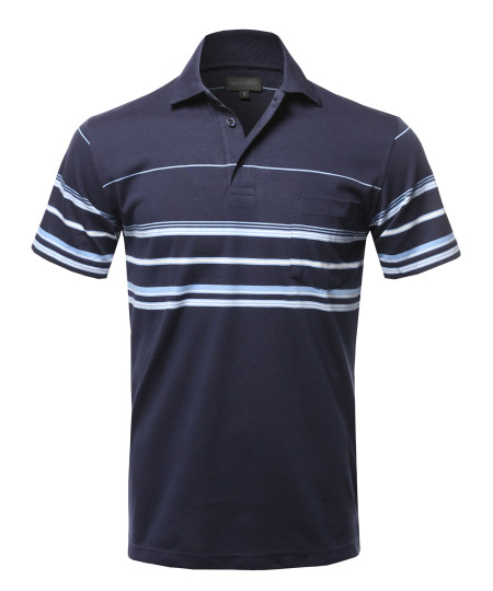 Men's Casual Comfortable Basic Striped Chest Pocket Short Sleeve Polo T-Shirt