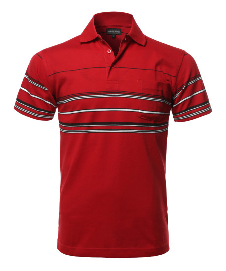 Men's Casual Comfortable Basic Striped Chest Pocket Short Sleeve Polo T-Shirt