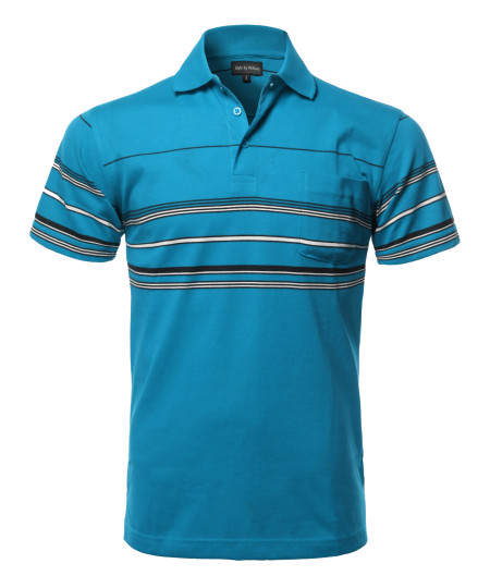 Men's Casual Comfortable Basic Striped Chest Pocket Short Sleeve Polo T-Shirt