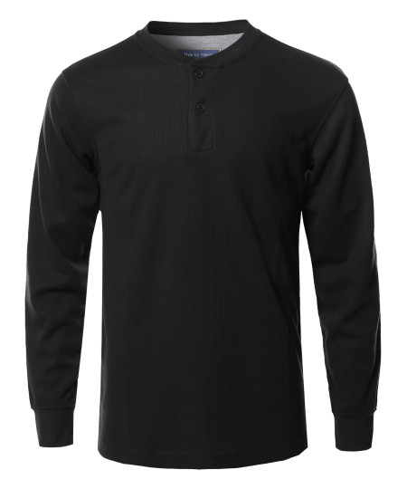 Men's Solid Basic Henley Neck Thermal Long Sleeve T-Shirt