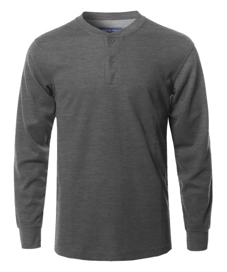 Men's Solid Basic Henley Neck Thermal Long Sleeve T-Shirt