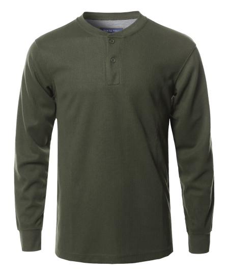 Men's Solid Basic Henley Neck Thermal Long Sleeve T-Shirt