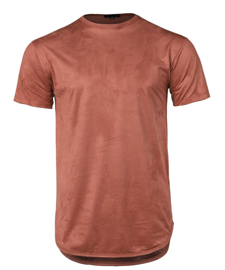 Men's Longline Suede Crew Neck Rounded Hem Short Sleeves T-Shirt Top