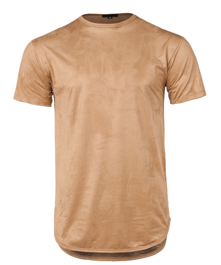 Men's Longline Suede Crew Neck Rounded Hem Short Sleeves T-Shirt Top