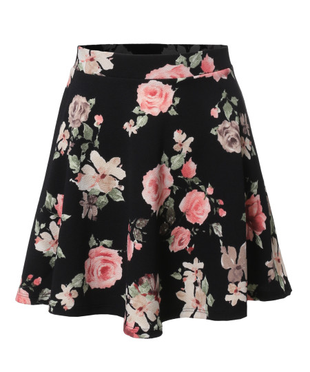 Women's Floral Elasticized Waistband Swing Skater A-Lined Skirt