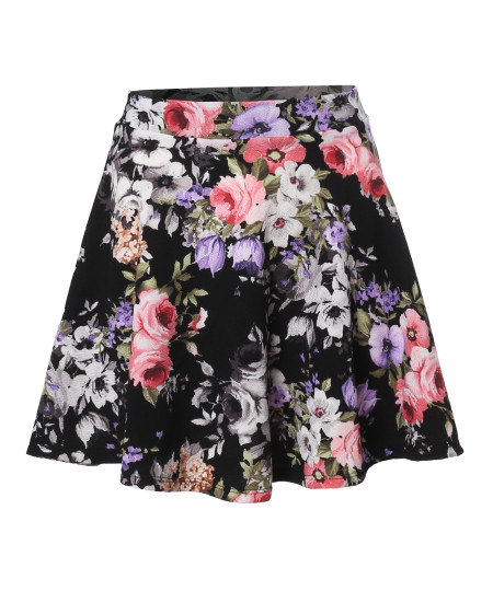 Women's Floral Elasticized Waistband Swing Skater A-Lined Skirt