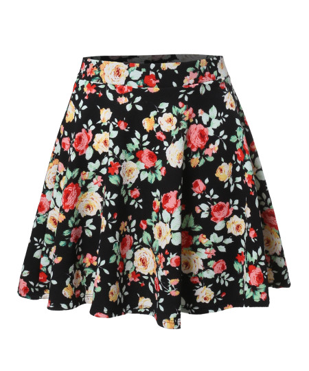 Women's Floral Elasticized Waistband Swing Skater A-Lined Skirt