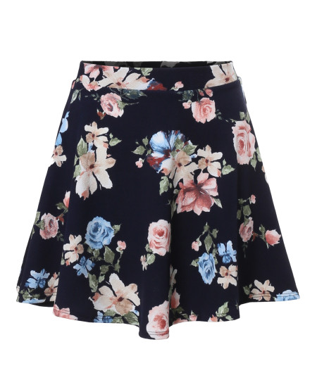 Women's Floral Elasticized Waistband Swing Skater A-Lined Skirt